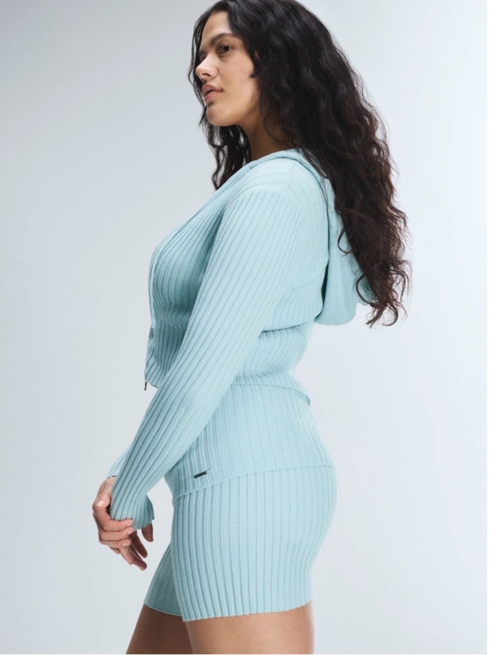 Savage X Fenty Light Blue Ribbed Zip Hoodie and Short Set. Only worn once.